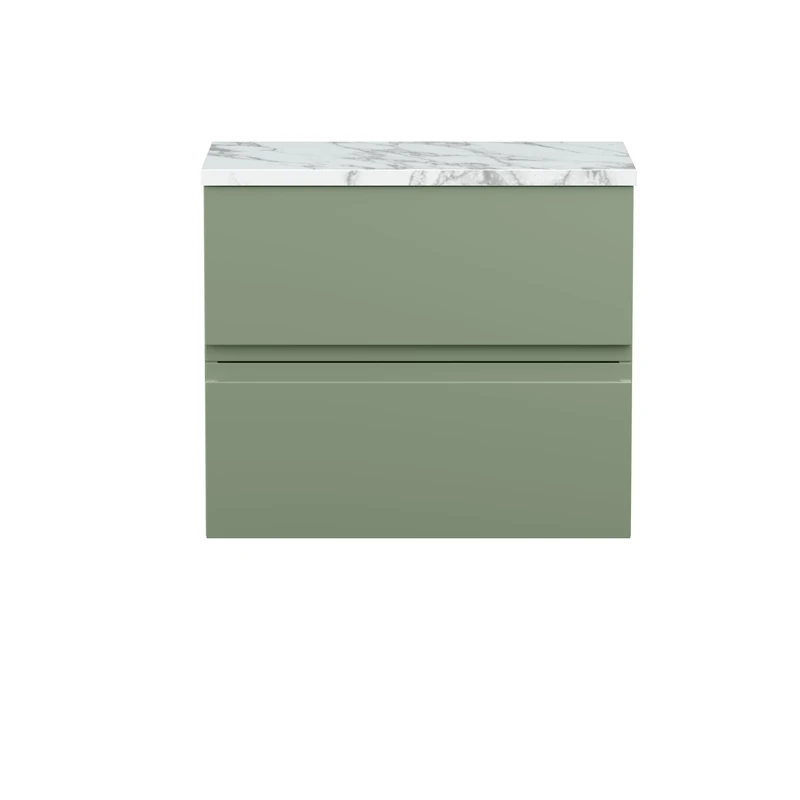 Hudson Reed URB804LCM Urban Modern Bathroom Wall Hung 2 Soft Close Drawer Vanity Unit and Carrera Marble Laminate Worktop, 600mm, Satin Green
