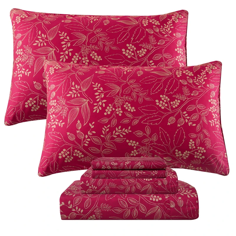 QSH Floral King Size Sheet Sets - 100% Egyptian Cotton Floral Bedding Sheets Red Flower Pattern Botanical Printed Bedding King Size Bed Sheets 17.5" Extra Deep Pocket 4pcs