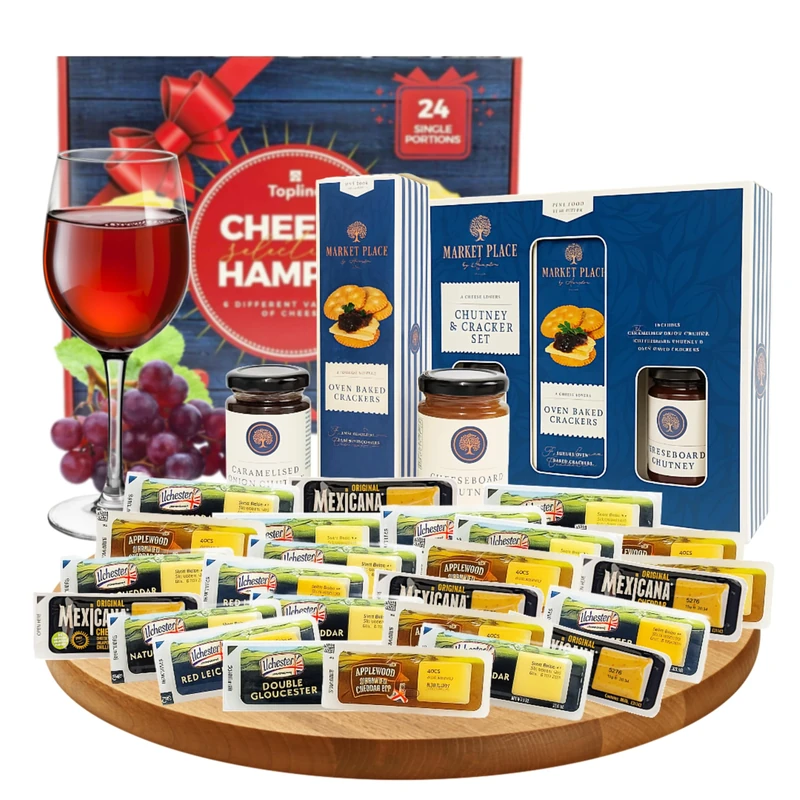 Cheese & Chutney Hamper Gift Set - Selection of 25 Ilchester Individually Wrapped Portions & Selection of Chutneys with Crackers. Cheese Gifts for Couples, Gifts for Mum or Dad