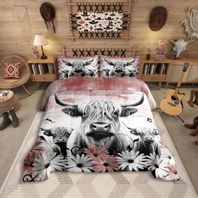 Erosebridal Highland Cow Print Comforter Set Queen,Red Western Farmhouse Bedding Sets Rustic Home Decor,Longhorn Cattle Farm Animal Bed Set Graffiti Daisy Flowers Quilt Cowboys Gifts for Men Women