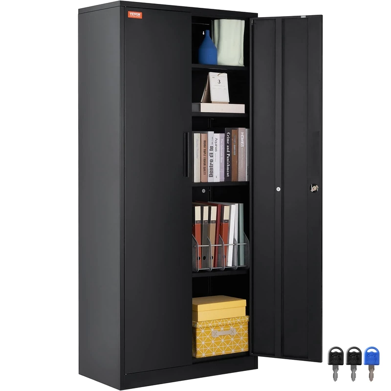 VEVOR Metal Storage Cabinet, Steel Locking Storage Cabinet with 2 Magnetic Doors and 4 Adjustable Shelves, 71'' Metal Cabinet 200 lbs Capacity per Shelf with 3 Keys, for Office, Home, Garage, Black