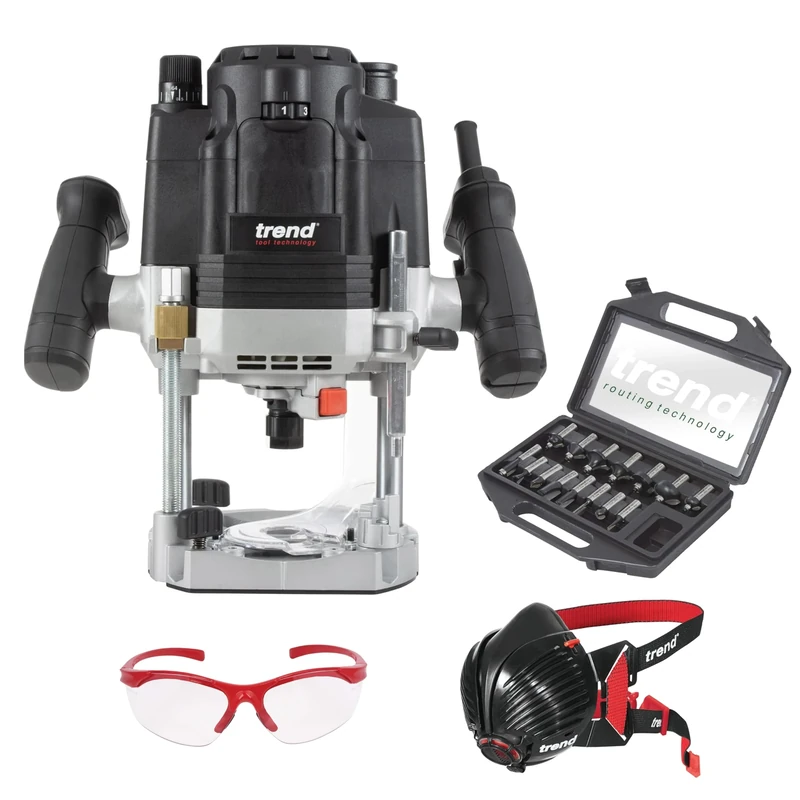 Trend T8 Ultimate Routing Starter Set, T8EK Variable Speed Plunge Router (2200W, 1/2 Inch, 240V), 15-Piece 1/2 Inch Router Cutter Set, Dust Mask & Safety Glasses, T8/Start/Set