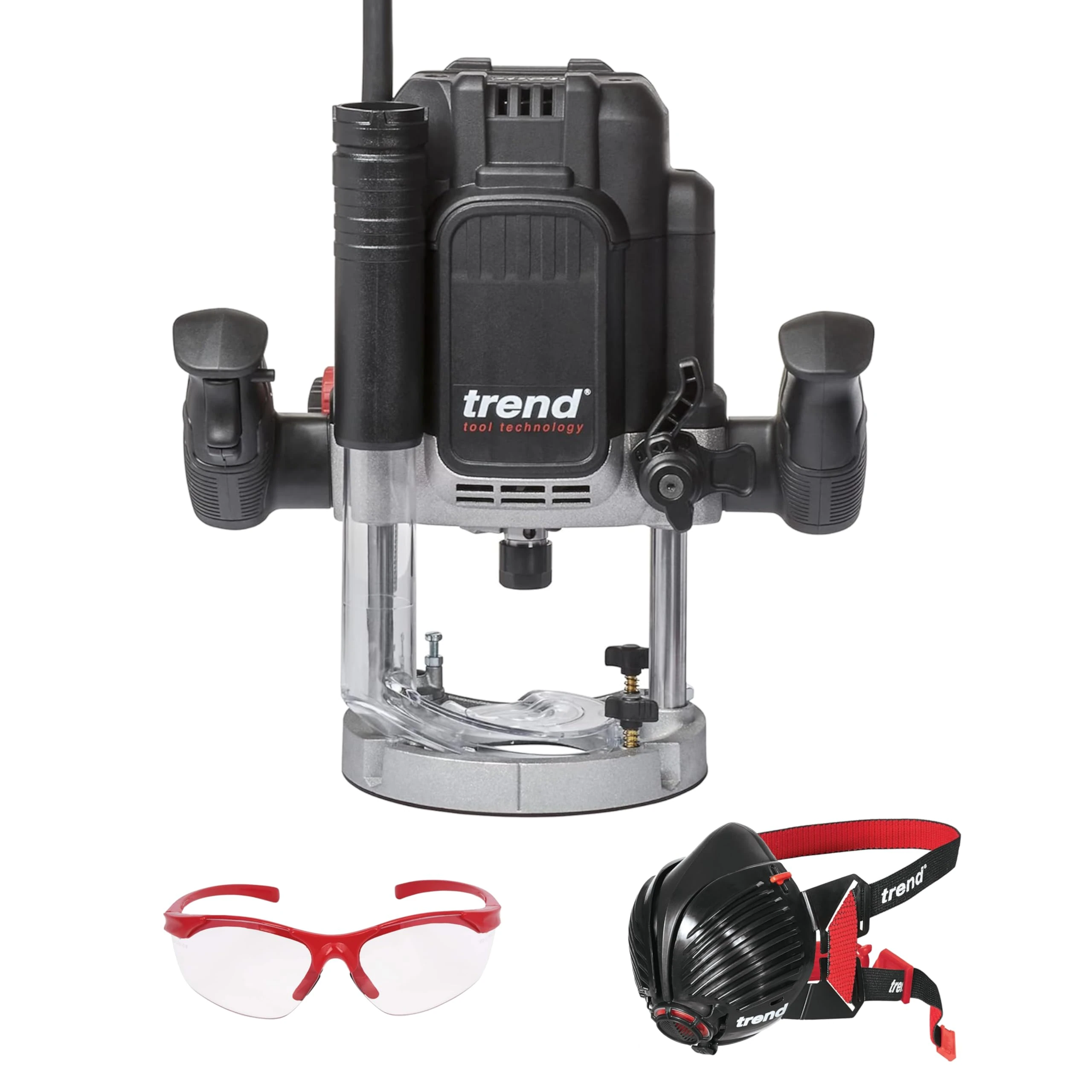Trend T12 Variable Speed 2300W Router and Safety Gear Set, 1/2 Inch Plunge Router 240V, Air Stealth Dust Mask & Safety Glasses, T12/SAFE/SET