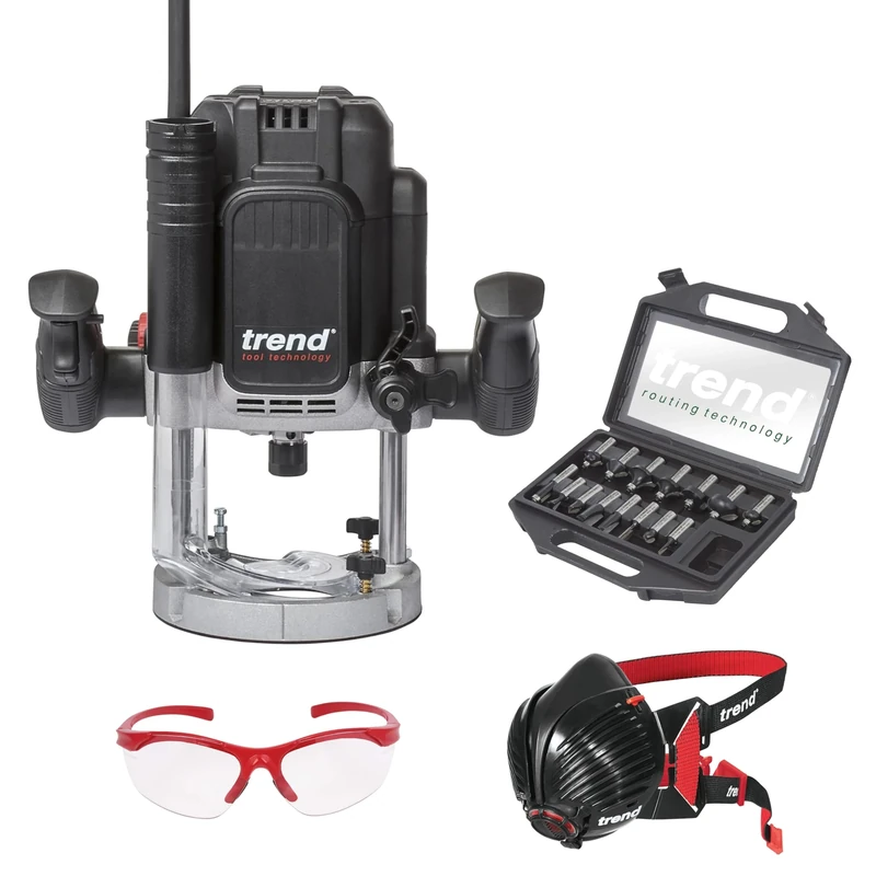 Trend T12 Ultimate Routing Starter Set, T12EK Variable Speed Plunge Router (2300W, 1/2 Inch, 240V), 15-Piece 1/2 Inch Router Cutter Set, Dust Mask & Safety Glasses, T12/START/SET