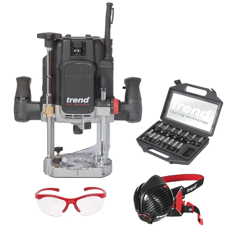 Trend T14 Variable Speed 2300W Workshop Router, 15 Piece 1/2 Inch Router Cutter Set, Dust Mask, Safety Spectacles, T14/START/SET