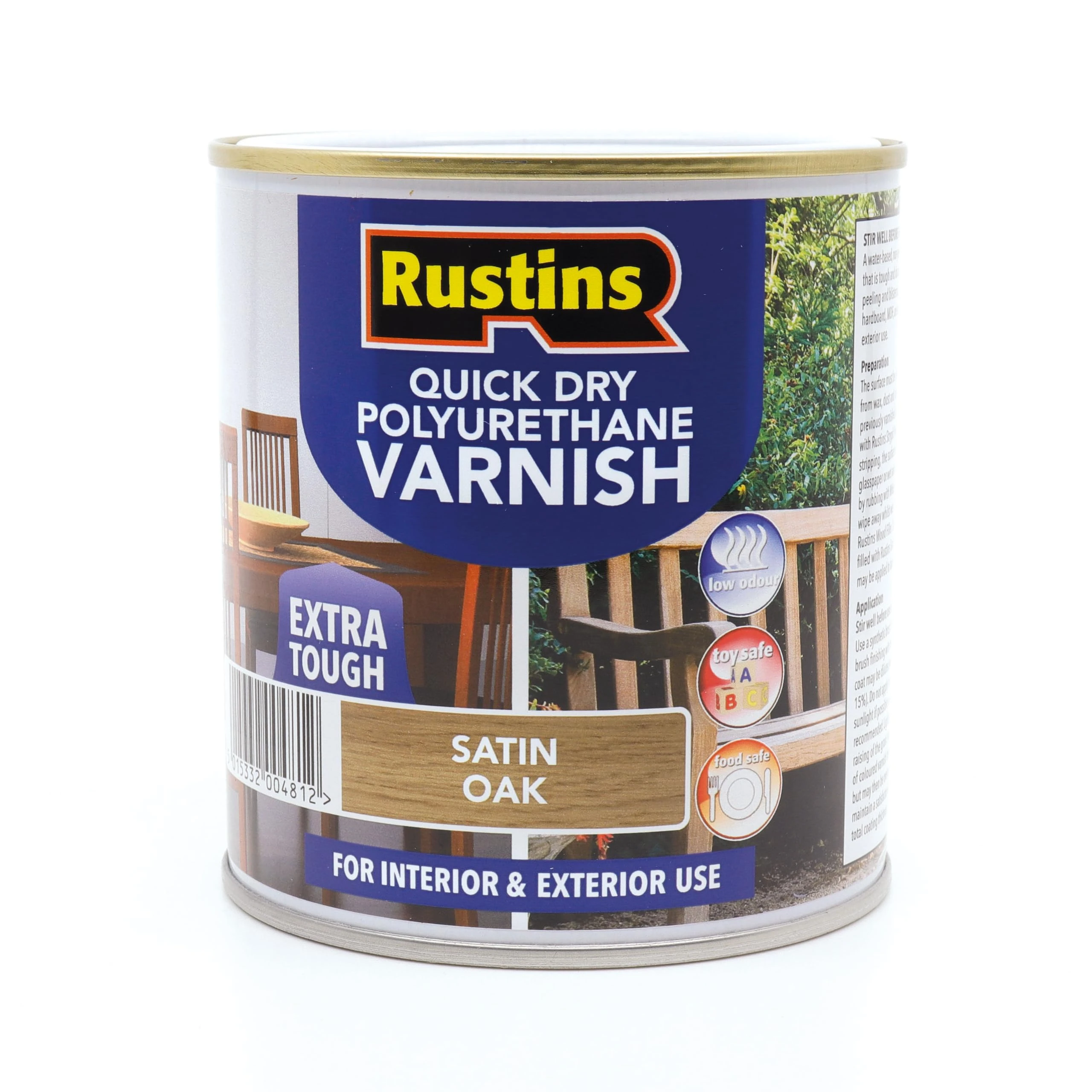 RustinsQuick Dry Poly Varnish Satin Oak 500ml -Tough, Water-Based Clear Finish in Gloss, Matt or Satin; Durable Protection for Interior Wood, Furniture and Floors