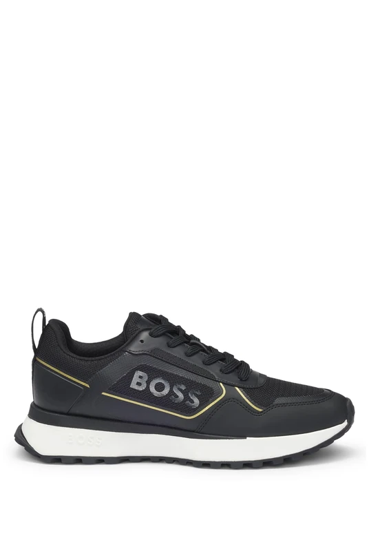 BOSS Mens Jonah Runn Mixed-Material Trainers with Large Side-Panel Logo Size 6 Black
