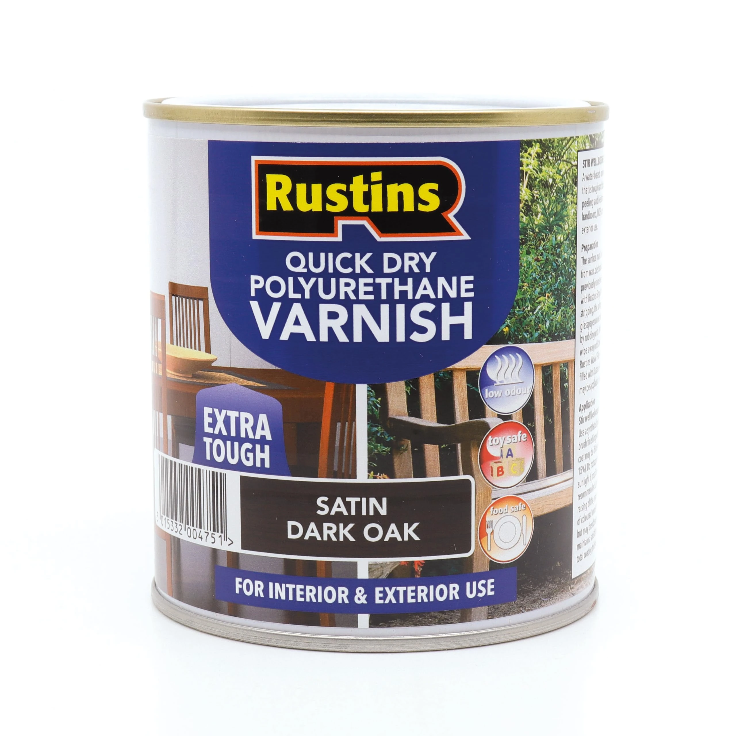 RustinsQuick Dry Poly Varnish Satin Dark Oak 500ml -Tough, Water-Based Clear Finish in Gloss, Matt or Satin; Durable Protection for Interior Wood, Furniture and Floors