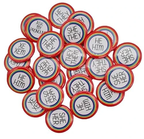 Pride and Pronouns Bulk Pack of My Pronouns Are Badges, Rainbow Border Customisable Gender Pronouns Pin Badges, Pronouns LGBTQ+ Pin Brooch For Pride, 1 inch (25mm) Diameter Badge (Pack of 75)