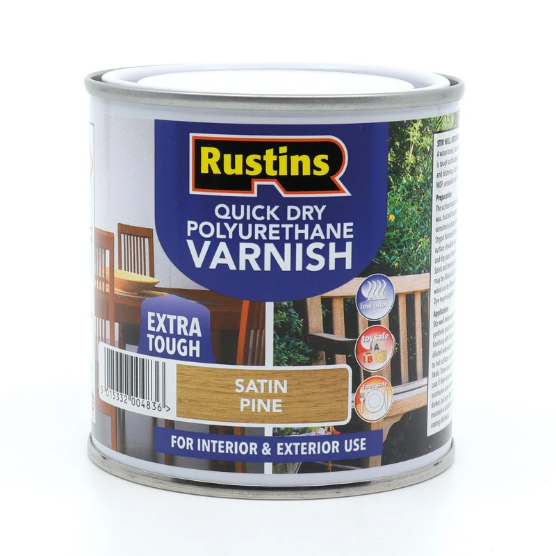 RustinsQuick Dry Poly Varnish Satin Pine 250ml -Tough, Water-Based Clear Finish in Gloss, Matt or Satin; Durable Protection for Interior Wood, Furniture and Floors