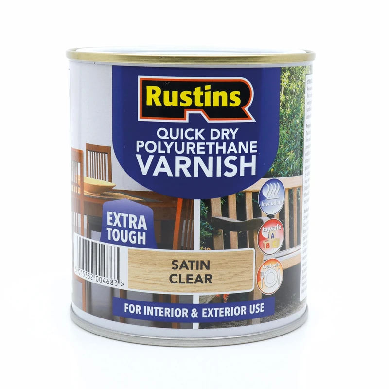 RustinsQuick Dry Poly Varnish Satin Clear 5ltr -Tough, Water-Based Clear Finish in Gloss, Matt or Satin; Durable Protection for Interior Wood, Furniture and Floors