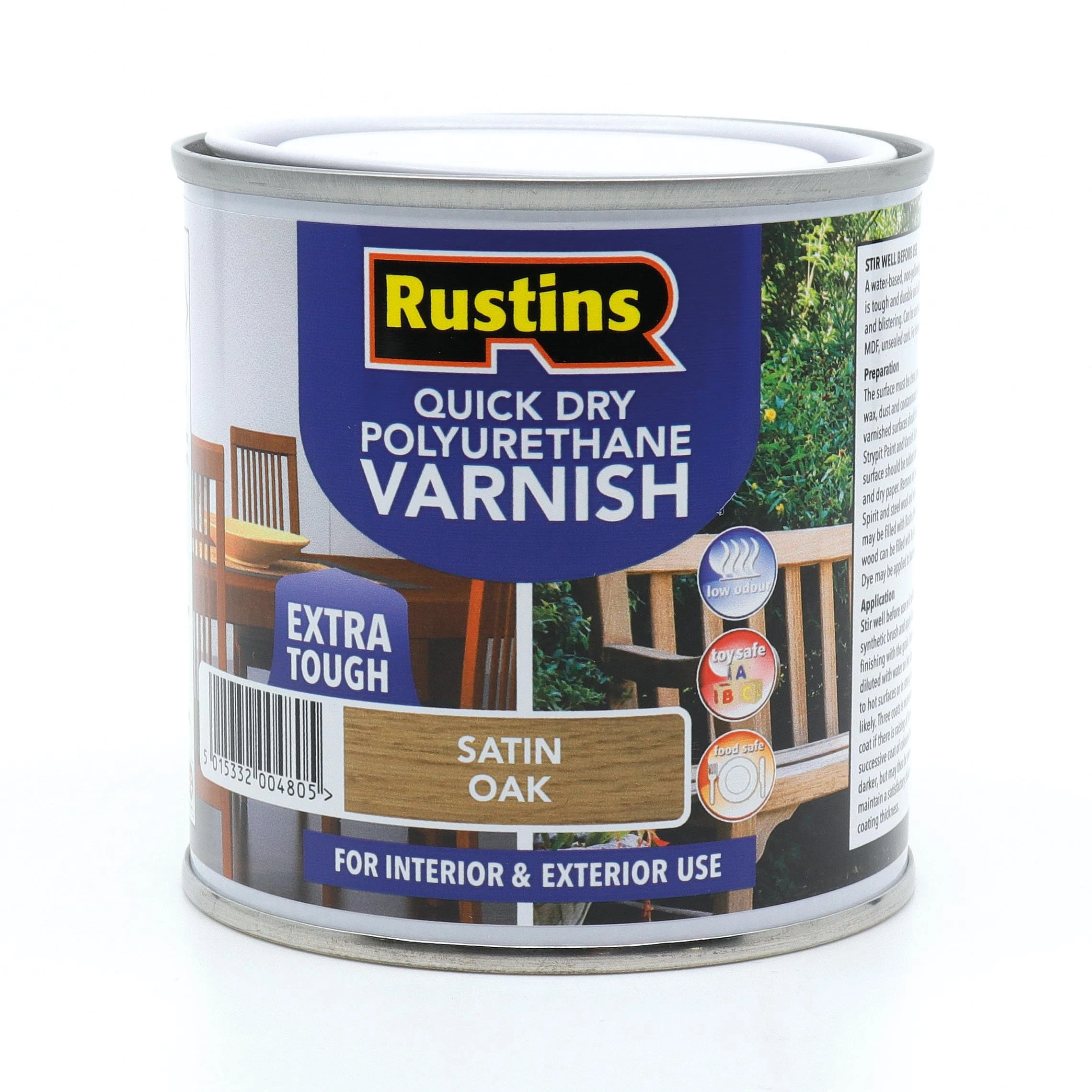 RustinsQuick Dry Poly Varnish Satin Oak 250ml -Tough, Water-Based Clear Finish in Gloss, Matt or Satin; Durable Protection for Interior Wood, Furniture and Floors
