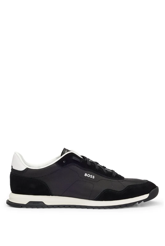 BOSS Mens Zayn Lowp Suede-Trim Trainers in Textured Fabric Size 12 Black