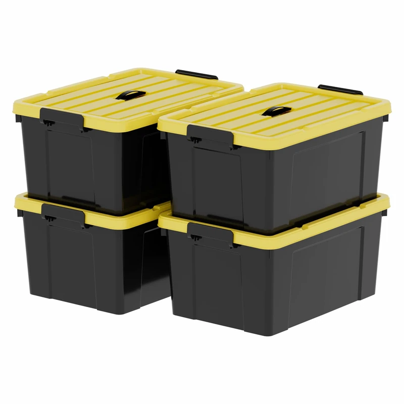 Cetomo 65L*4 Storage Boxes, Plastic Storage Box with Lids, Container with Handle for Tool, Outdoor, Garden, Home, Stackable, Nesting, Black and Yellow, 65L(4 Pack)