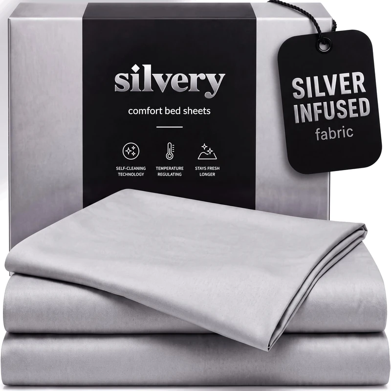 Silvery Silver Infused Bed Sheets Set - Ultra-Soft Temperature-Regulating Fabric with Self-Cleaning Technology™ that Stays Fresh 3X Longer for Hygienic Sleep