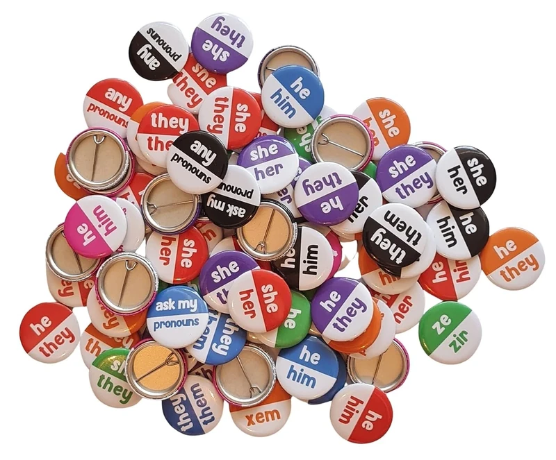 Pride and Pronouns Bulk Pack of My Pronouns Are Badges, Half Colour Customisable Gender Pronouns Pin Badges, Pronouns LGBTQ+ Pin Brooch For Pride, 1 inch (25mm) Diameter Badge (Pack of 75)