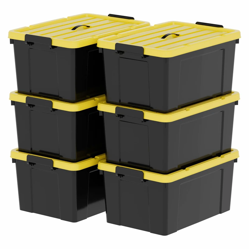Cetomo 90L*6 Storage Boxes, Plastic Storage Box with Lids, Container with Handle for Tool, Outdoor, Garden, Home, Stackable, Nesting, Black and Yellow, 90L(6 Pack)