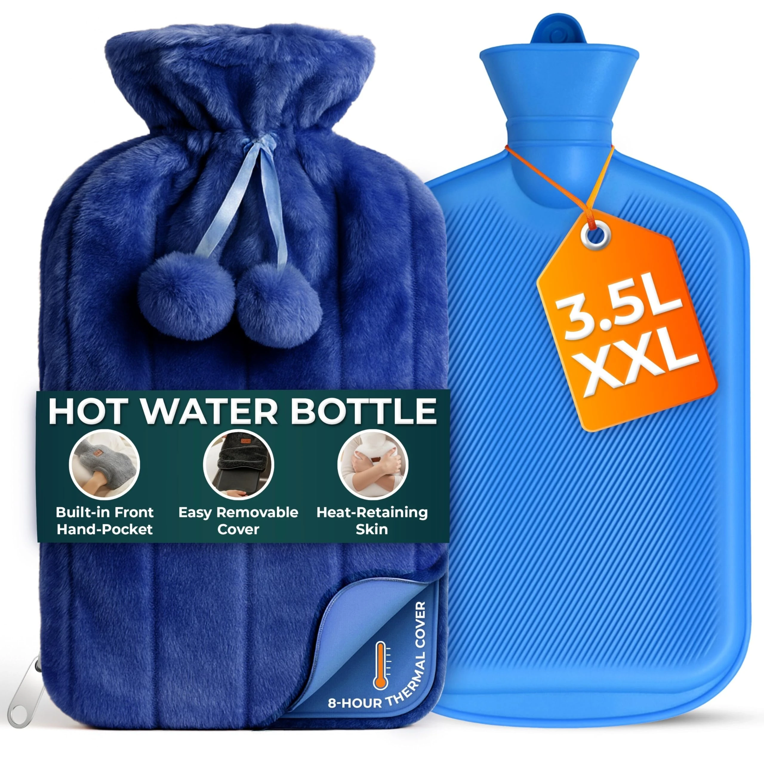 3.5L Hot Water Bottle with Zipper & Hand Pocket – Large Hot Water Bottle with Super-Soft Faux Fur Cover for Soothing Warmth and Elegant Comfort for Cold Nights and Pain Relief– Washable (Blue)