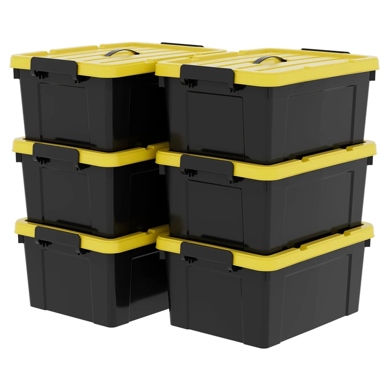 Cetomo 35L*6 Storage Boxes, Plastic Storage Box with Lids, Container with Handle for Tool, Outdoor, Garden, Home, Stackable, Nesting, Black and Yellow, 35L(6 Pack)
