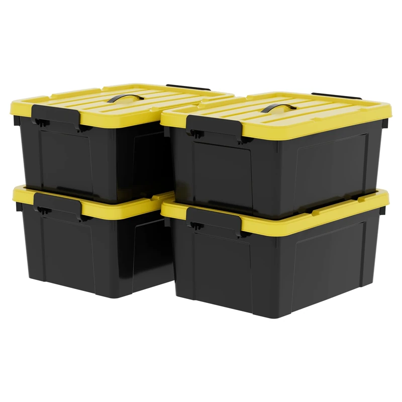 Cetomo 35L*4 Storage Boxes, Plastic Storage Box with Lids, Container with Handle for Tool, Outdoor, Garden, Home, Stackable, Nesting, Black and Yellow, 35L(4 Pack)