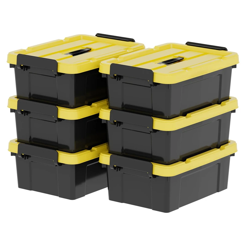 Cetomo 15L*6 Storage Boxes, Plastic Storage Box with Lids, Container with Handle for Tool, Outdoor, Garden, Home, Stackable, Nesting, Black and Yellow, 15L(6 Pack)