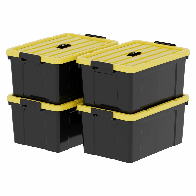 Cetomo 90L*4 Storage Boxes, Plastic Storage Box with Lids, Container with Handle for Tool, Outdoor, Garden, Home, Stackable, Nesting, Black and Yellow, 90L(4 Pack)