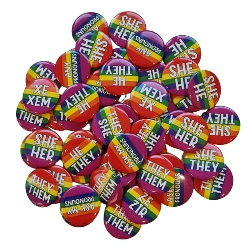 Bulk pronoun pins (1 inch) multiple pack sizes - rainbow stripes (Pack of 75)