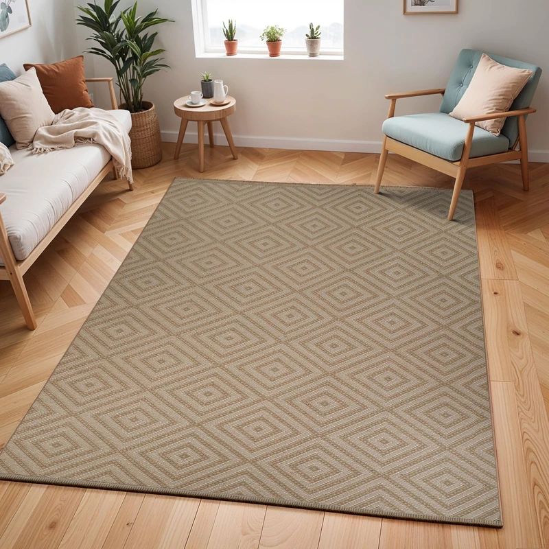 Livabliss Chardy Moladi Washable Geometric Jute Style Carpet 118x170 cm – Living Room, Dining, Kitchen & Hallway, Boho Pattern, Easy Care, Tan, Beige & Cream