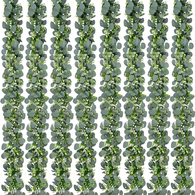 Waipfaru 8Pcs Eucalyptus Garland, 5.9FT Greenery Garland with Flowers, Artificial Faux Silver Dollar Eucalyptus Leaves Vines for Table Home Wedding Mantle Party Indoor Outdoor Decor