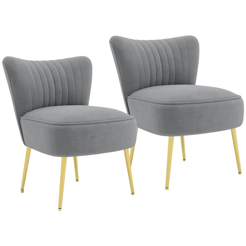 HOMCOM Armless Accent Chairs Set of 2, Upholstered Velvet Lounge Chairs with Gold Tone Steel Legs for Bedroom, Living Room, Grey