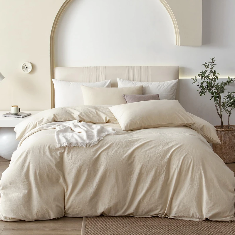 Jiyuan 100% Washed Cotton Duvet Cover Set 3 Pieces 1 Duvet Cover 277 x 228 cm (Duvet Not Included) and 2 Pillow Cases Linen Feel Comfortable and Breathable Beige