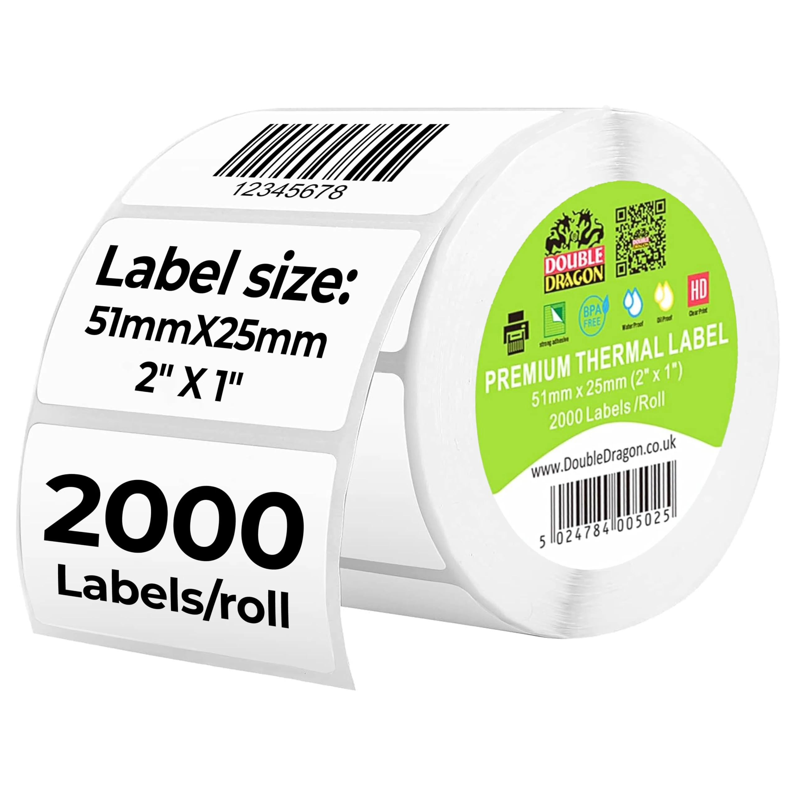 Double Dragon, 2,000 Direct Thermal Labels, 51mm x 25mm | Premium Coated, Self-Adhesive Stickers | Compatible with Zebra, MUNBYN, Toshiba, Citizen, Eltron Printers