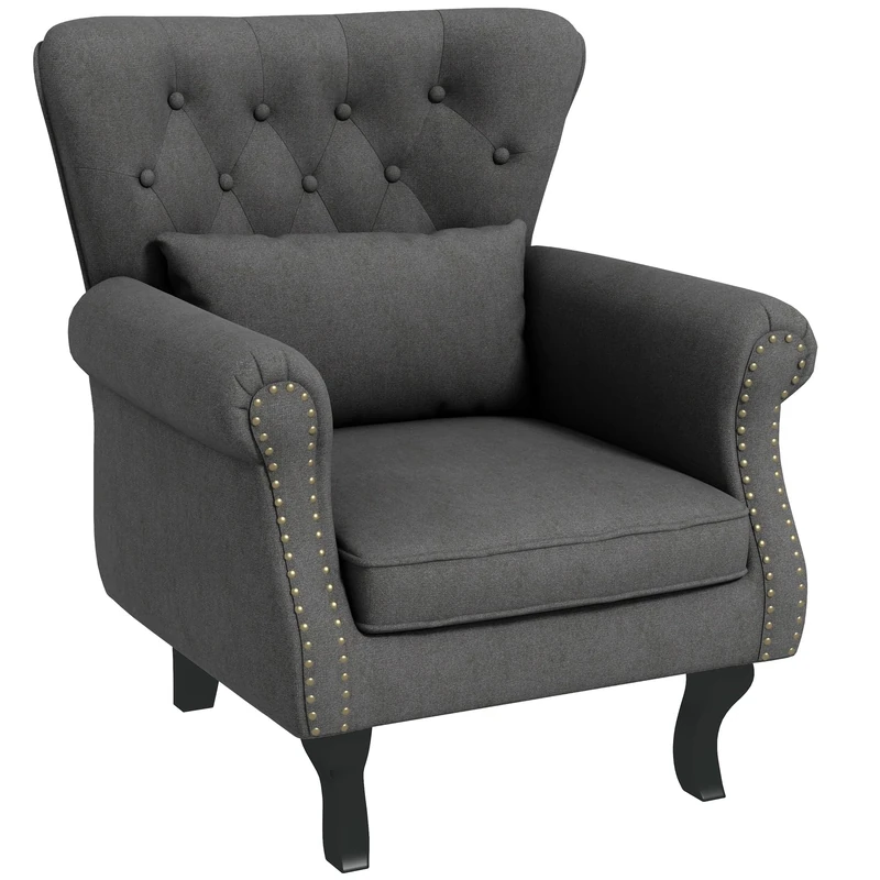 HOMCOM Wingback Armchair, Linen Fabric Accent Chair, Upholstered Fireside Chair with Pillow, Button Tufted Back for Living Room, Bedroom, Home Office, Dark Grey