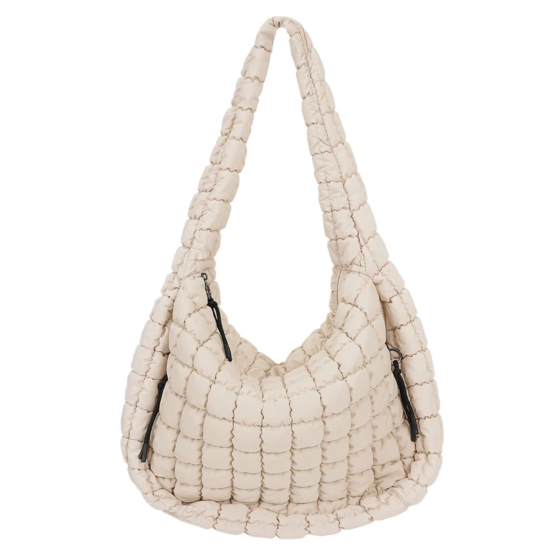 Juoxeepy Quilted Tote Bag Large Quilted Carryall Puffer Shoulder Bag Lightweight Quilted Padding Hobo Bag Quilted Bag, Off-white, L
