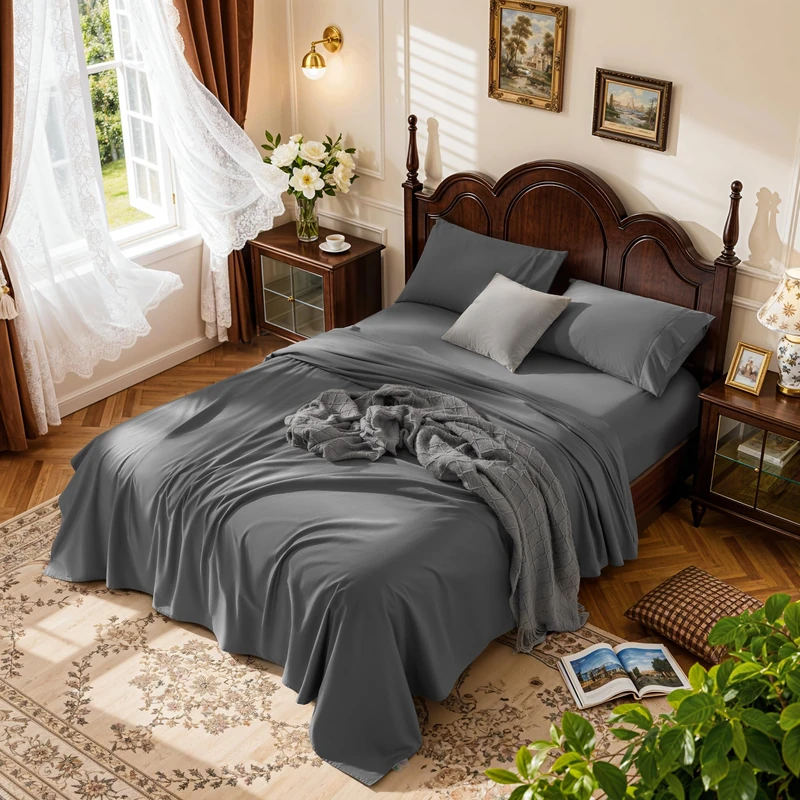 LBRO2M 1000 Thread Count 100% Cotton Sheets Set, 4 Piece Sets Bed Sheet (Dark Grey, California King)