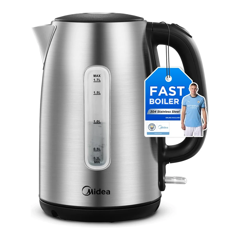 Midea Electric Kettle 3000W Fast Boil 1.7L Stainless Steel Kettle LED Indicator,Spring Lid,Removable Filter,Insulated Handle with Water Level Indicator, Dry Burn Protection,BPA-Free