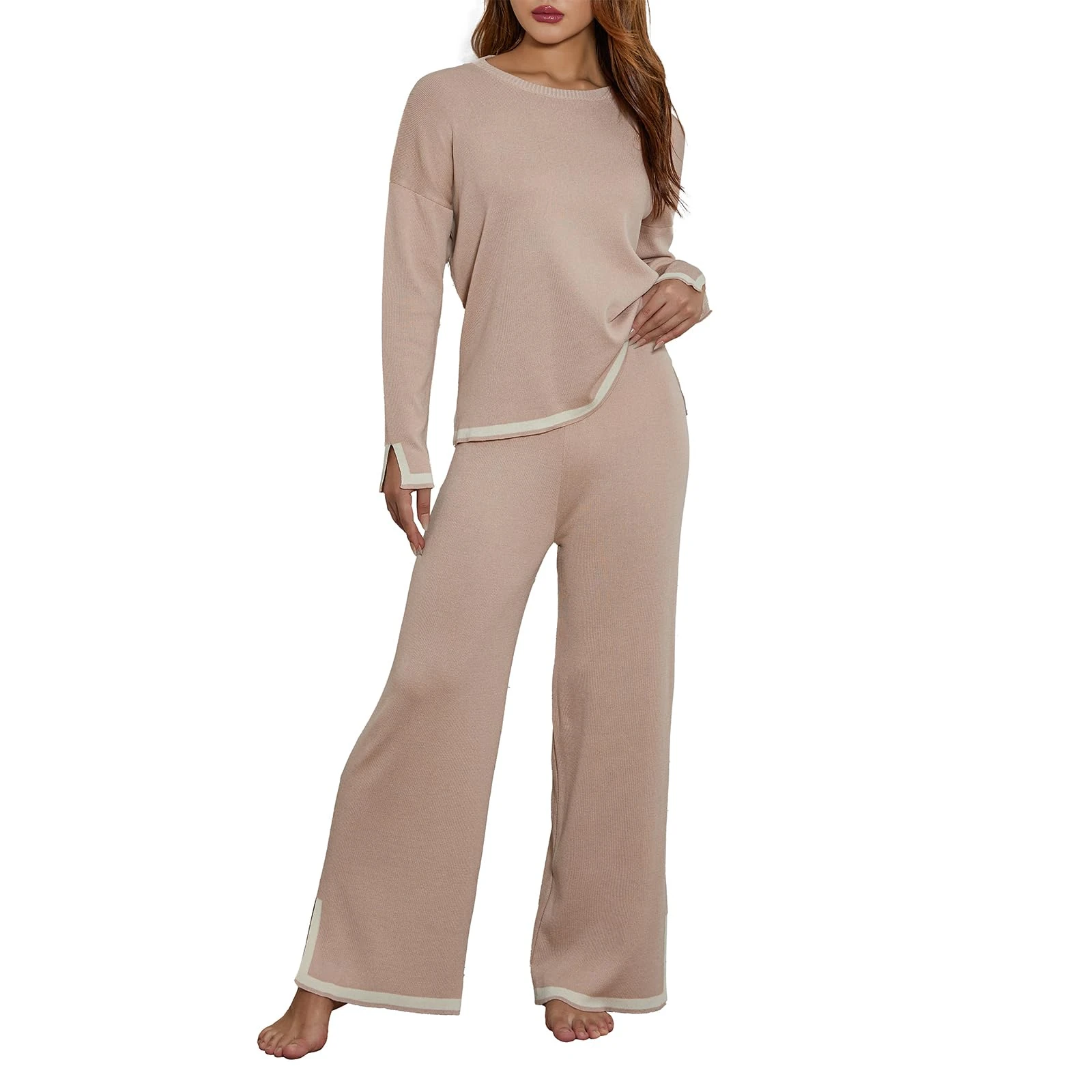 Geagodelia Women's Two Piece Outfit Ladies Knit Co Ord Set Sweater Shirt Top + Wide Leg Trousers Y2k Aesthetic Clothes Tracksuit Lounge Wear UK (Long Sleeve - Khaki, M)
