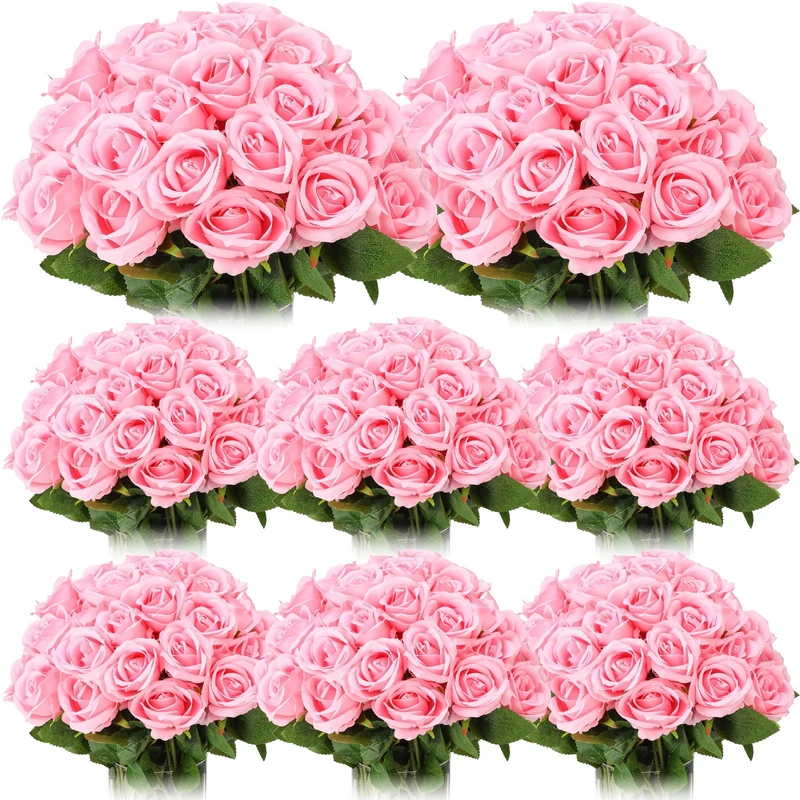 Hotop 80 Pcs Rose Artificial Flowers Bulk with Long Stem, Silk Roses Realistic Fake Flowers Bouquet for Wedding Table Centerpieces Bridal Shower Party Home Decorations(Pink)