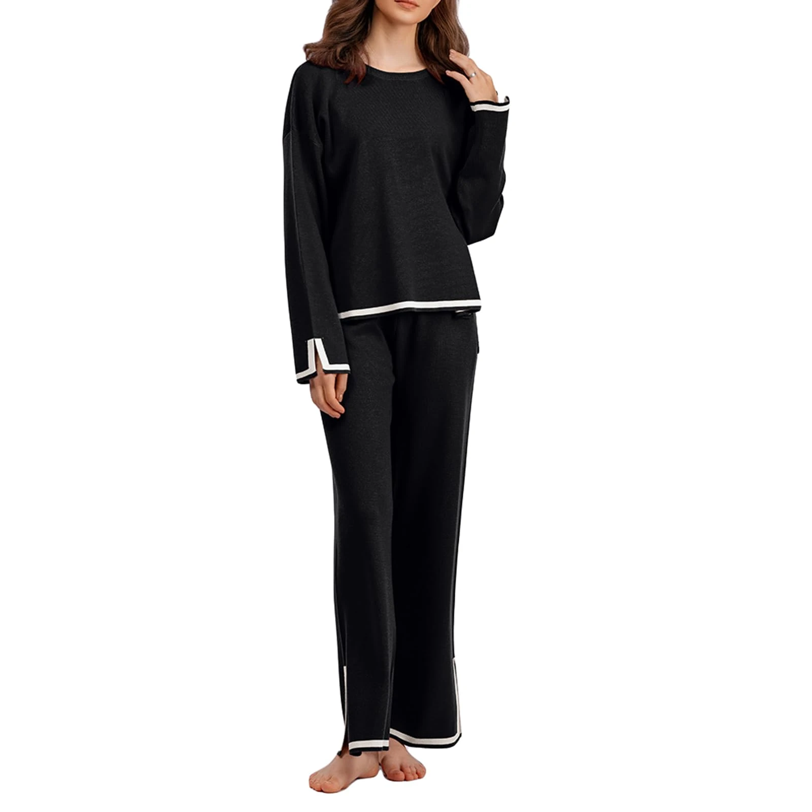 Geagodelia Women's Two Piece Outfit Ladies Knit Co Ord Set Sweater Shirt Top + Wide Leg Trousers Y2k Aesthetic Clothes Tracksuit Lounge Wear UK (Long Sleeve - Black, M)