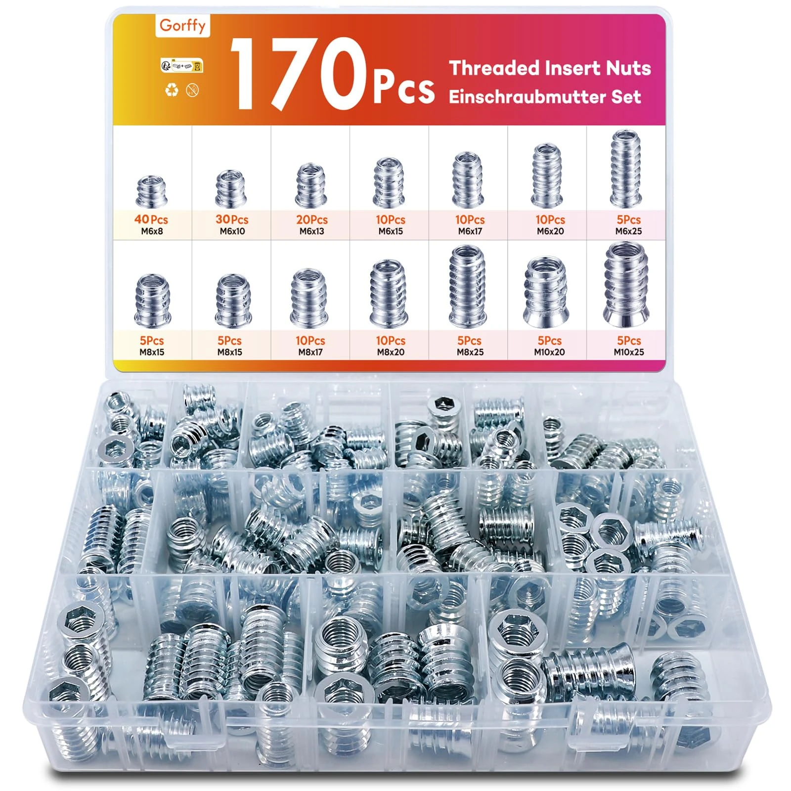 Threaded Inserts for Wood, Gorffy 170Pcs Threaded Insert Nuts, M6/M8/M10 Galvanised Steel Thread Inserts Screw with Box, Metal Insert Hex Socket Nuts for Wood Furniture