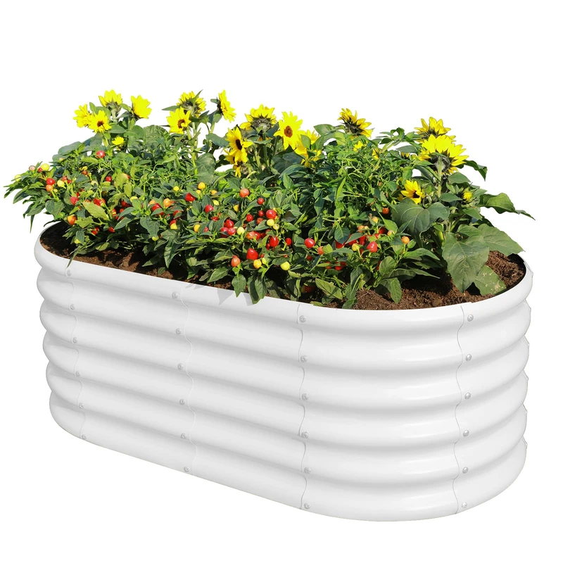 Land Guard 18“ Tall 4×2ft Galvanized Raised Garden Bed Kit, Galvanized Planter Garden Boxes Outdoor, Oval Large Metal Raised Garden Bed for Vegetables……… (Pearl White, 4×2×1.5ft)