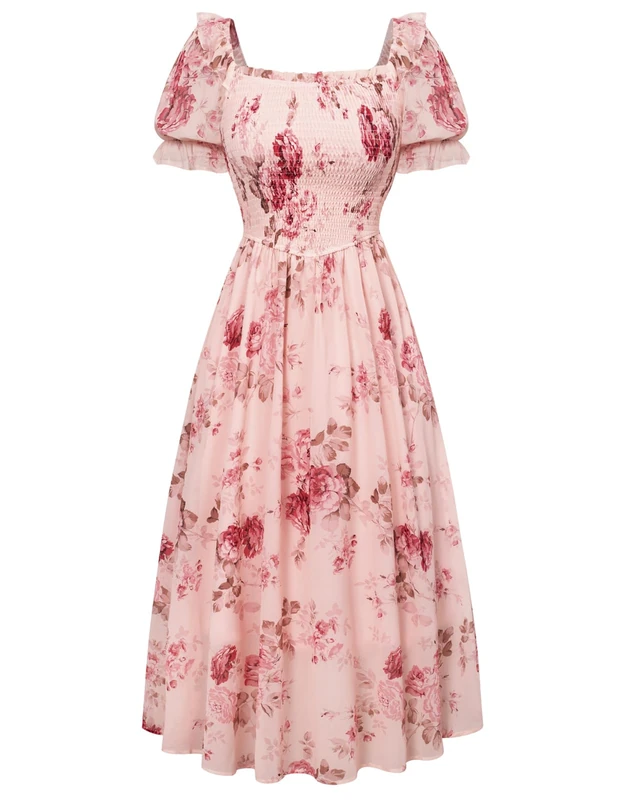 SCARLET DARKNESS Women's Cottagecore Dress Puff Sleeve Square Neck Flowy Smocked Maxi Dress, Floral Pink, XXL