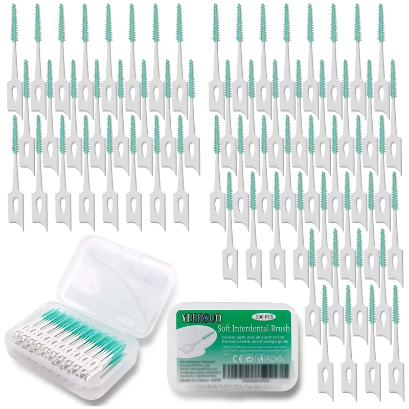 YEERSUO 200 PCS Soft Interdental Brushes, Silicone Dental Toothpicks Brush Between Teeth, Tooth Flossing Brush Disposable for Cleaning, Toothbrush Clean Tool, Green Colors