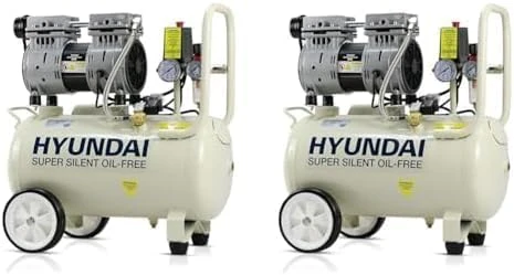 Hyundai HY7524 24 Litre Air Compressor, 5.2cfm/100psi, Silenced, Oil Free, 750w / 230v Direct Drive, 150 litres Per Minute Low Noise Air Compressor, 2 Year Warranty, White (Pack of 2)