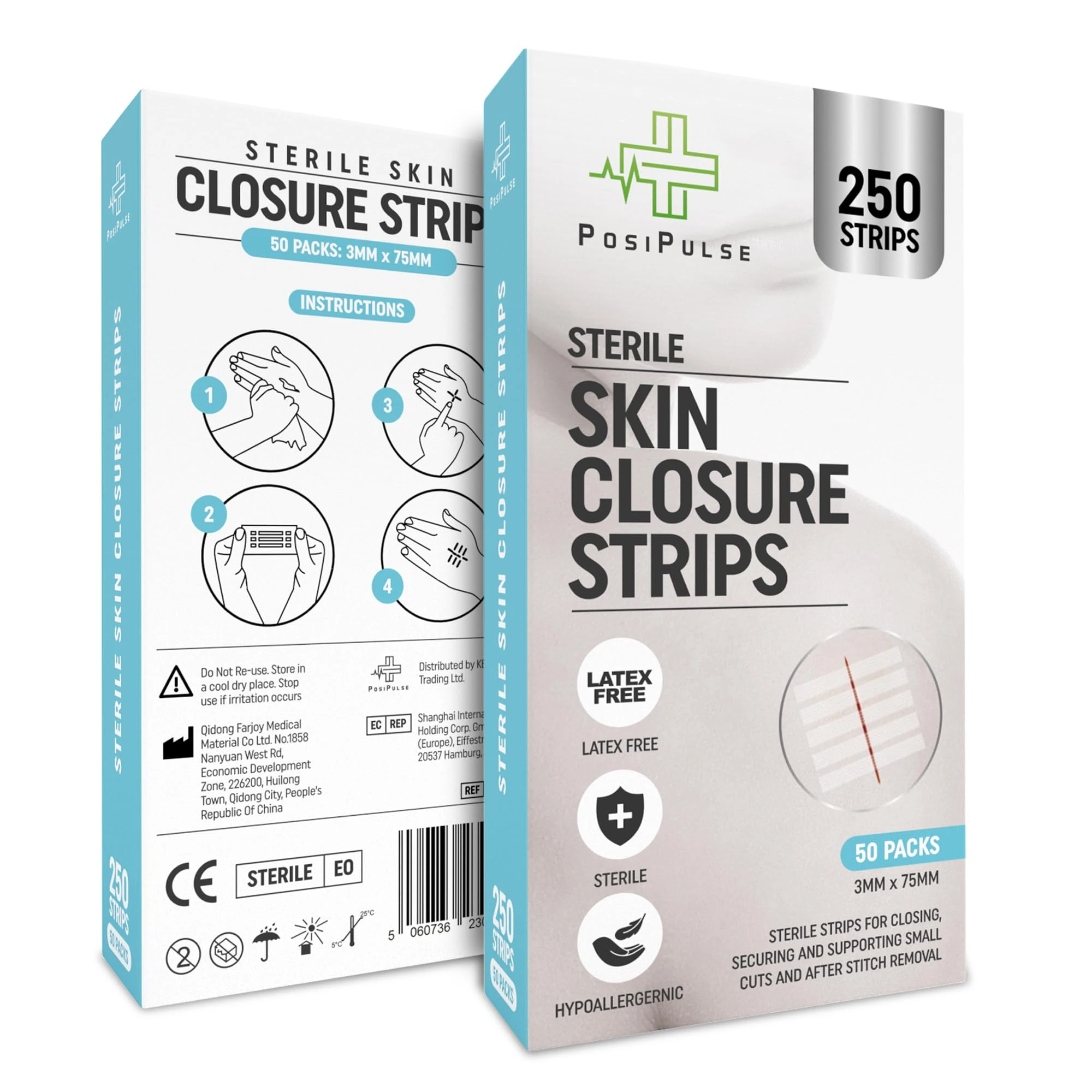 Posi Pulse 3mm x 75mm Sterile Skin Wound Closure Suture Strips for Lacerations, Incisions and Cuts