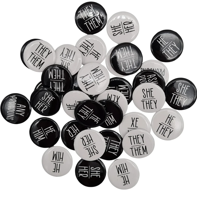 Pride and Pronouns Bulk Pack of My Pronouns Are Badges, Black and White Customisable Gender Pronouns Pin Badges, Pronouns LGBTQ+ Pin Brooch For Pride, 1 inch (25mm) Diameter Badge (Pack of 75)