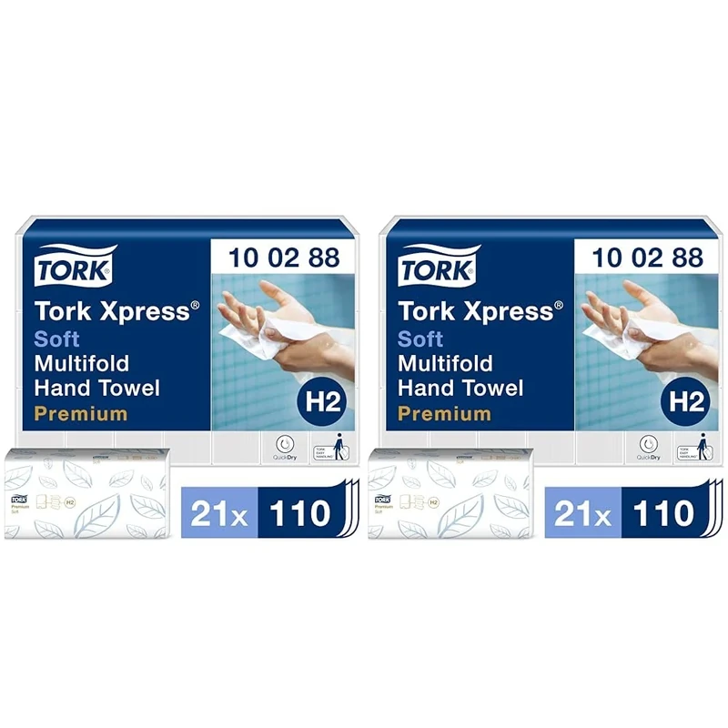Tork Xpress Soft Multifold Hand Towels Premium Mfold 100288 - H2 Premium Paper Hand Towels with High-Absorbency - Large, 2-Ply, White - 21 x 110 Sheets (Pack of 2)