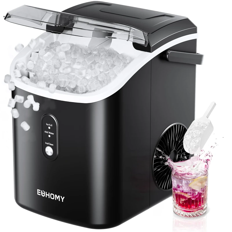 EUHOMY Nugget Ice Maker, Chewable Pellet Ice Machine with Self-Cleaning and Handle, Ready in 6 Mins, 15.5kg/24H, Removable Top Cover, One-Click Operation, Ice Cube Maker for Kitchen, Office