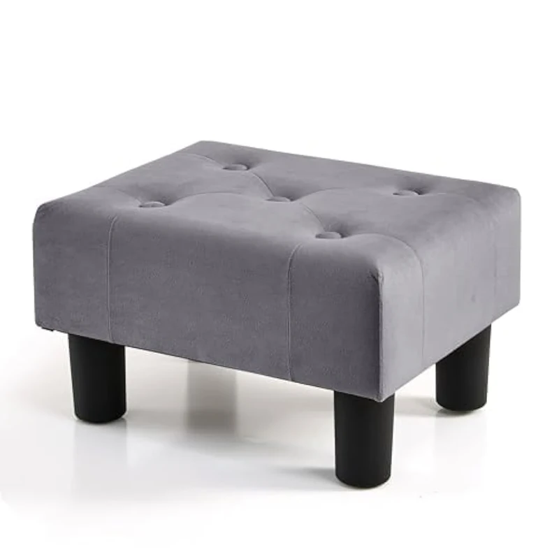 BRIAN & DANY Small Velvet Footstool - Gray Ottoman for Living Room
