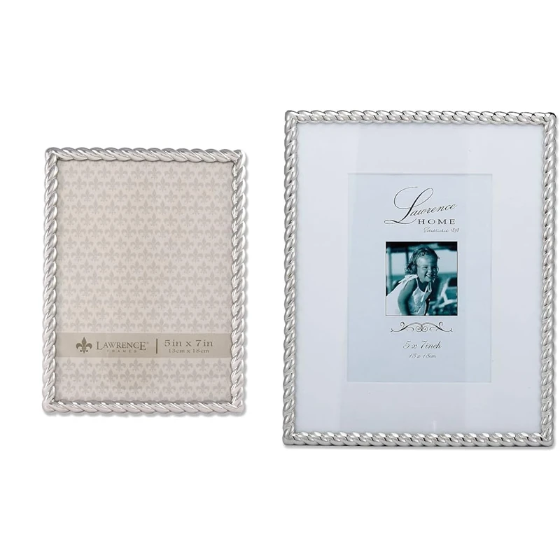 Lawrence Frames Rope Design Metal Frame, 5x7, Silver & Silver Metal Rope 8x10 Matted for 5x7 Picture Frame (710080)